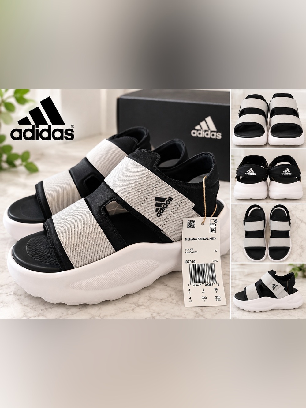 adidas Kids Mehana Sandal in Black and White Unisex Size 4 NWT